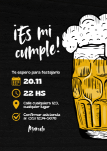 Invitación Vertical Cumpleaños de Hombre con Cerveza Moderno Negro
