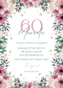 Invitación Vertical Cumpleaños de Mujer 60 con Flores Femenino Delicado Rosado