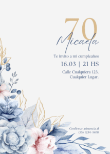 Invitación Vertical de Cumpleaños de Mujer 70 con Flores Delicado Azul y Dorado