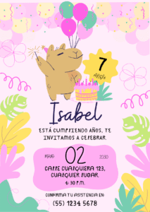 Invitacion Virtual Cumpleaños Capibara Ilustrativo Rosado Pastel