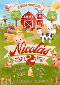 Invitación Virtual Cumpleaños Granja Infantil Verde y Rojo