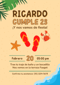 Invitacion cumpleaños playa juvenil naranja