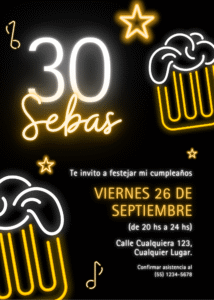 Invitación de Cumpleaños Fiesta Cerveza Neón Negro