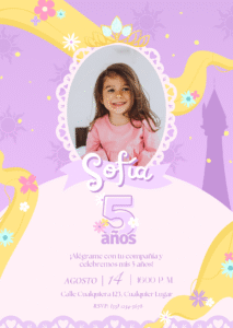 Invitación de Cumpleaños Princesa Niña Creativa Rosa y Morado