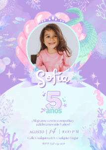 Invitación de Cumpleaños Sirenita Niña Creativa Morado