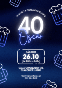 Invitación de Cumpleaños de Hombre Cerveza 40 Neón Azul