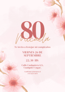 Invitación de Cumpleaños de Mujer 80 con Flores Delicado Rosado