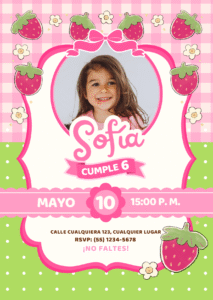 Invitación de Cumpleaños de Niña Fresita Creativa Rosa
