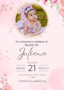 Invitación de bautizo acuarela rosa