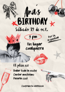Invitación digital fiesta de cumpleaños moderno collage negro blanco y rojo