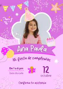 Invitación fiesta de cumpleaños infantil niña rosa y amarillo