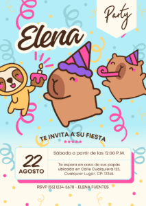 Invitación virtual Fiesta de cumpleaños capibara para niña o niño Infantil Azul y beige