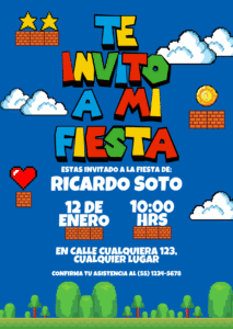 Invitación virtual fiesta cumpleaños infantil videojuego retro azul