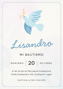 Tarjeta Invitacion Mi Bautismo Niño Paloma Minimalista Celeste