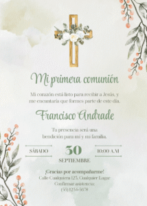 Tarjeta Invitacion Vertical Primera Comunion Elegante Verde y Blanco