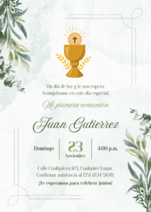 Tarjeta Vertical Invitacion Primera Comunion Acuarela Verde