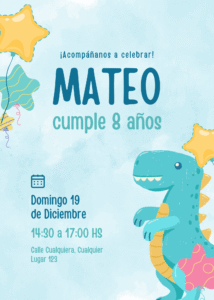 Tarjeta de invitación Cumpleaños Dinosaurio Infantil Celeste