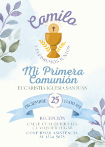 Tarjeta de invitación Primera Comunión Niño Hojas Azul