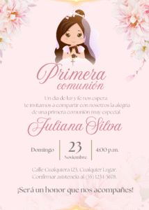 Tarjeta de invitación vertical primera comunión floral rosado