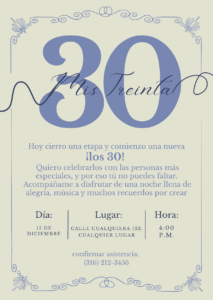 Tarjeta virtual de invitación cumpleaños 30 elegante azul