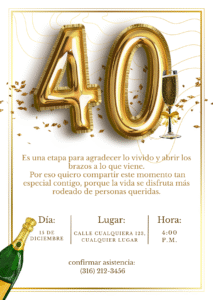 Tarjeta virtual de invitación cumpleaños 40 elegante dorado
